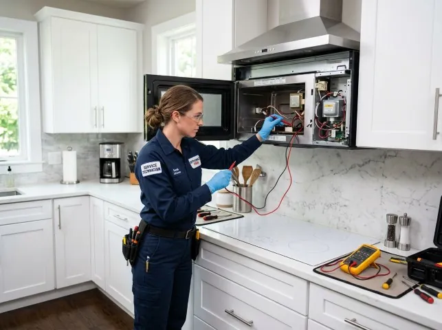 Appliance Repair Hero technician testing an over-the-range microwave in a Bailey, NC kitchen